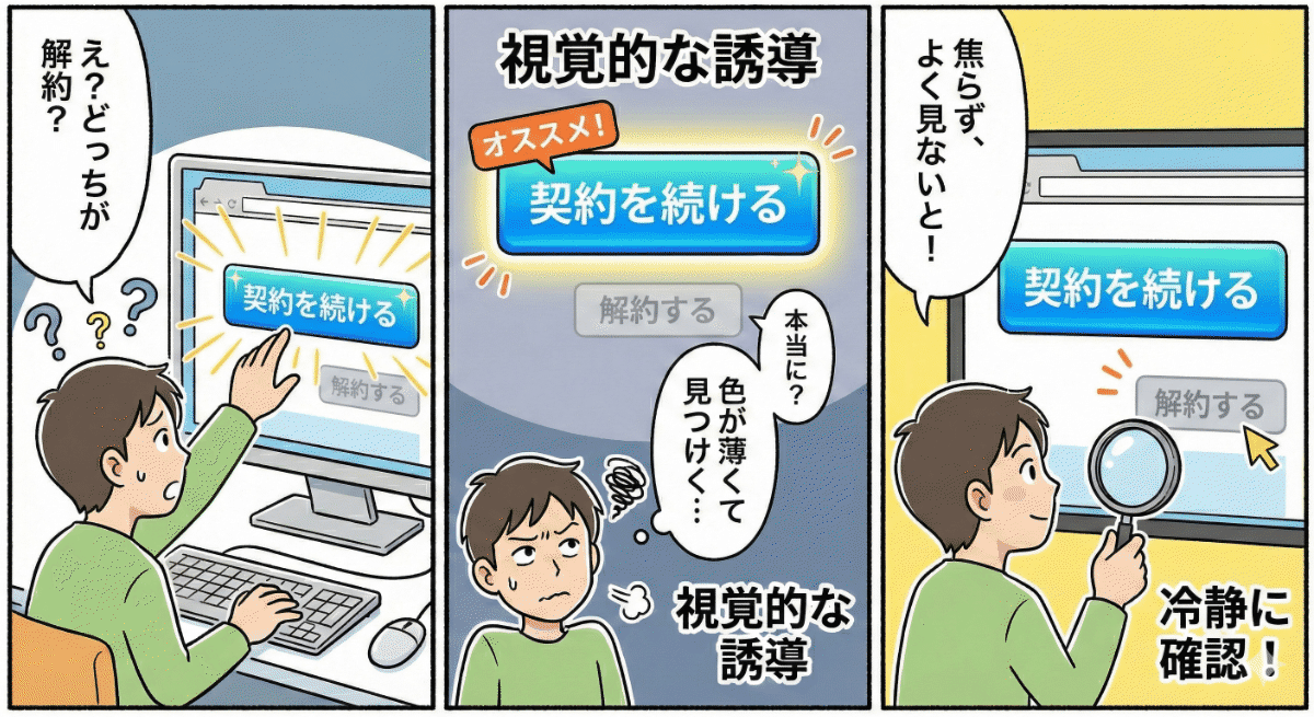 解約ボタンが目立たない色になっている例